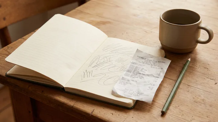 An open notebook, a receipt and a coffee mug on a wooden table