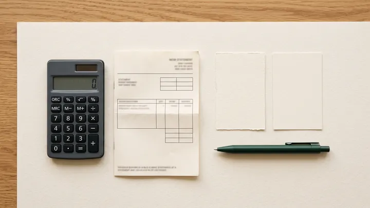 A calculator, printed statements and a pen on a table