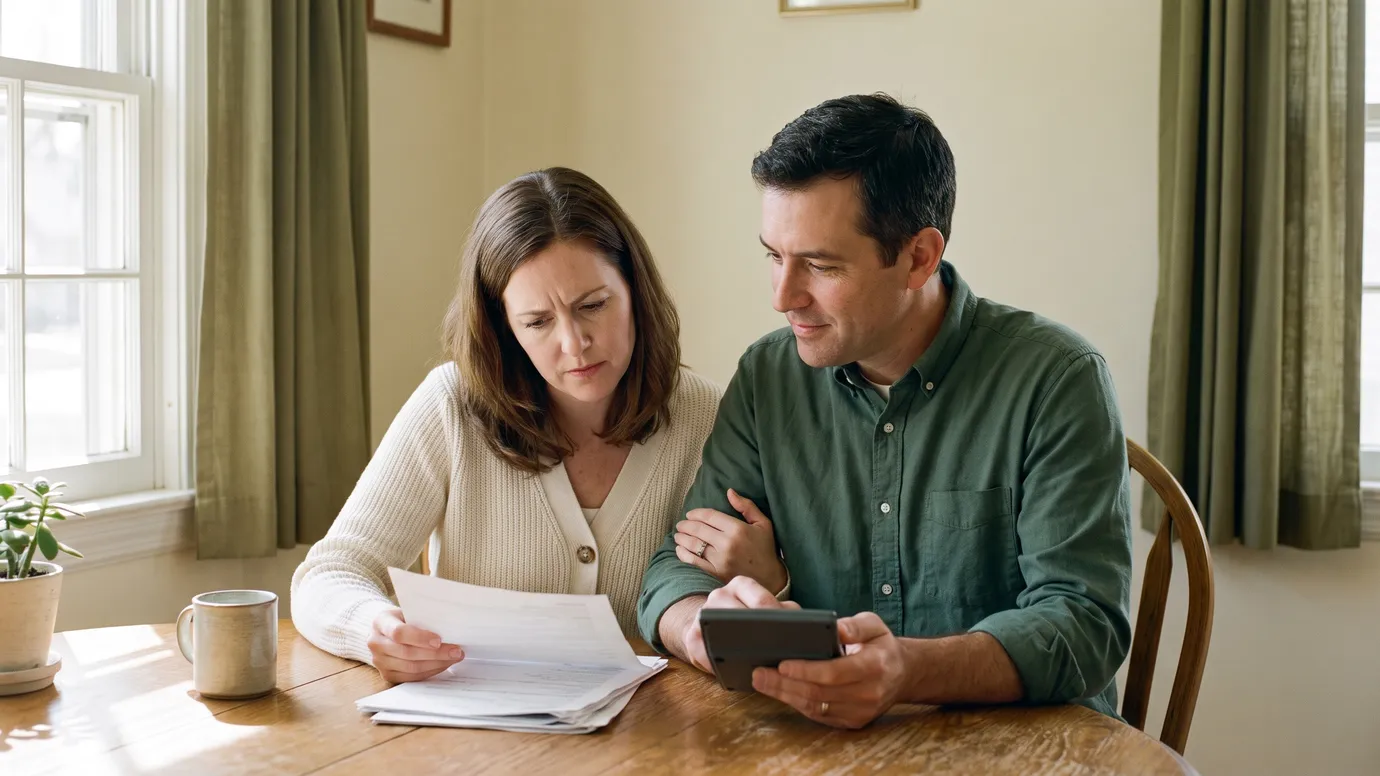 A couple at a kitchen table reviewing credit card statements together, one holding papers and the other a phone