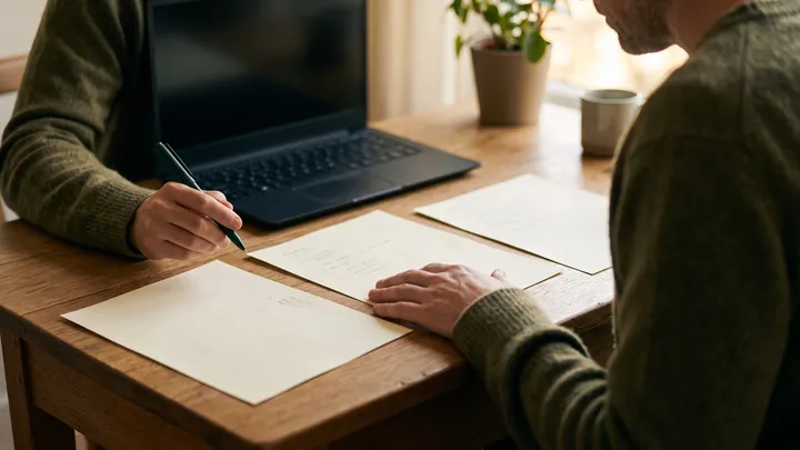 A person taking notes at a desk beside a laptop